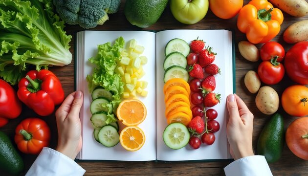 Hands open book filled with fresh fruits, vegetables. Colorful ingredients like strawberries, oranges, cucumbers, lettuce are arranged neatly on pages, surrounded by whole produce on wooden table.