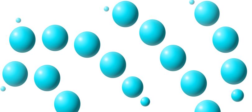 A collection of vibrant blue spheres of varying sizes is scattered across a white background