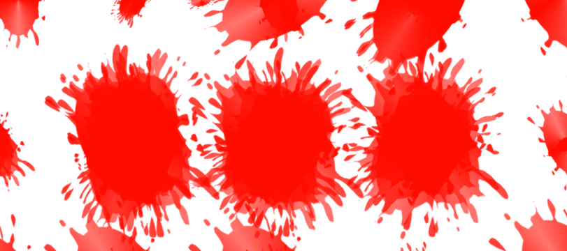 Bright red paint splatters on a white background. The splatters vary in size, with jagged
