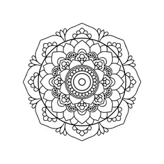 Intricate black and white mandala design with floral petal patterns and geometric center.