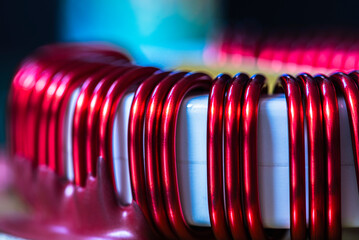 Inductive coil mounted on a printed circuit board, close-up view