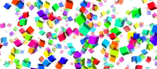A dynamic array of multicolored cubes seemingly floating against a white background