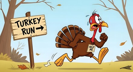 Cartoon turkey running from turkey run sign with help me sign and scared expression