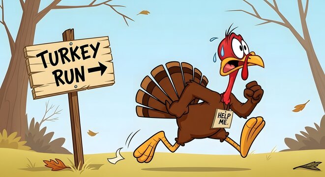 Cartoon turkey running from turkey run sign with help me sign and scared expression