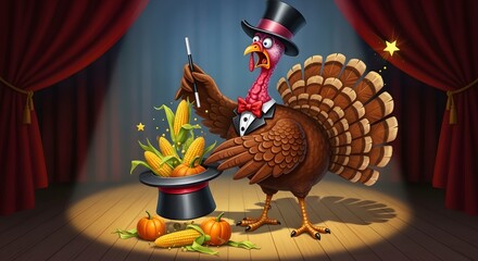 A funny turkey magician performing a magic trick with corn on the stage for thanksgiving