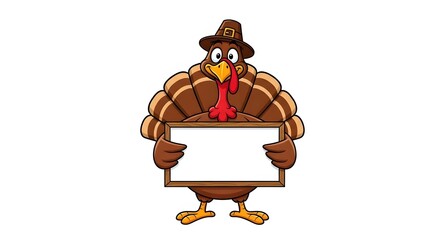 Cartoon turkey wearing pilgrim hat holding blank sign isolated on white background