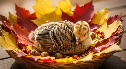 A cute baby turkey chick nestled in a basket surrounded by colorful autumn leaves