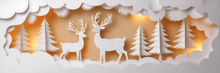 Enchanting winter forest scene with silhouetted deer and paper cutout trees