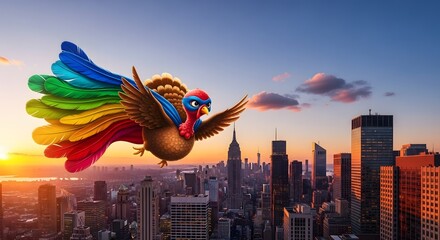 A colorful turkey flying over the new york city skyline during a beautiful sunset