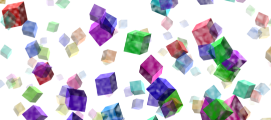 Floating, multicolored cubes in various sizes are scattered across a white background