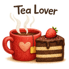 Of red mug with steaming tea beside chocolate strawberry cake