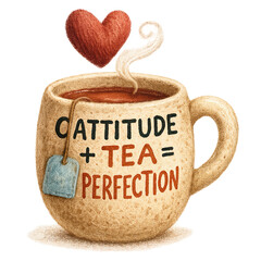 Watercolor mug with tea, heart, and playful 'CATTITUDE + TEA = PERFECTION' lettering