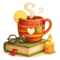 Cozy scene with mug of tea on stacked books, glowing candle, lemon slice, heart ornament, and glasses