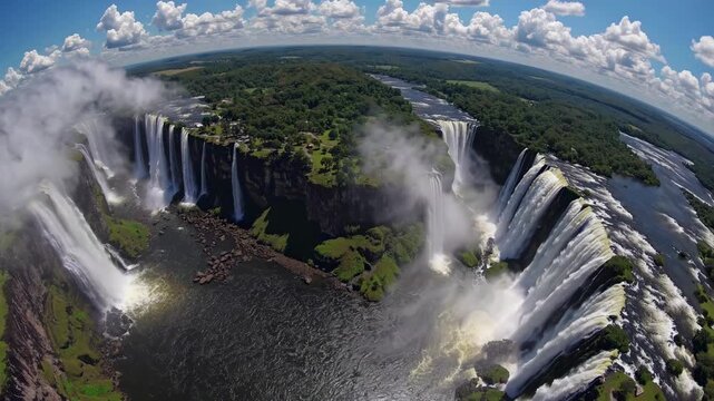 Aerial video shot capturing a vast, lush landscape with scattered homes and a winding river under a sky dotted with fluffy clouds. Live desktop wallpaper.