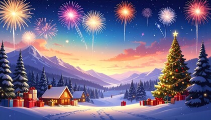 Winter landscape with christmas tree and fireworks