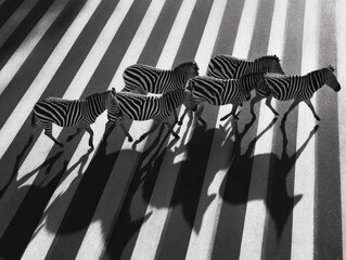 Obraz premium Herd of zebras running on graphic black and white stripes, abstract animal group, high contrast photo. Diagonal lines, top-down perspective, movement and rhythm concept