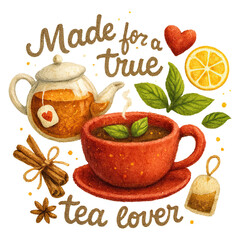 Watercolor tea scene with teapot, red cup, lemon slice, mint, cinnamon, and warm cozy charm