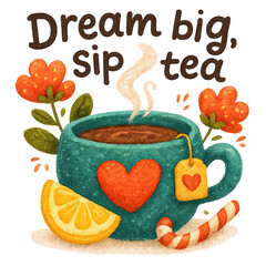 Cozy teal mug with heart, lemon slice, steam, flowers, and candy cane beside text "Dream big, sip tea"