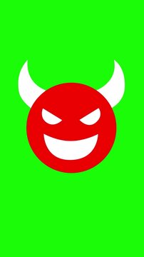 Mischievous red devil emoji icon with yellow horns, menacing eyes, and a wicked grin, Bright red devil face with horns, black mischievous eyes, 4K