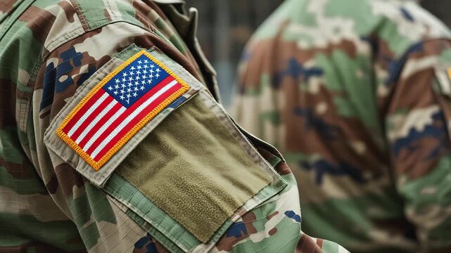 Close‑Up of U.S. Military Uniform Sleeve with American Flag Patch in Camouflage Pattern