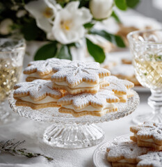 Feine Schneeflockenplätzchen mit Vanillecreme auf Glasetagere, festlich dekoriert