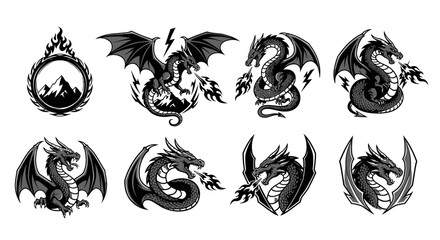 Collection of eight dragon illustrations, some with wings, fire, and mountain imagery, in black and white.