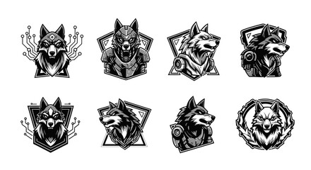 Collection of stylized wolf portraits in various geometric shapes, showcasing detailed illustrations.