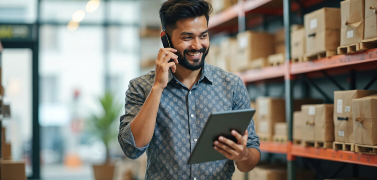 Young happy man talks on phone, holds tablet in retail warehouse. He manages stock, e-commerce orders, or logistics. Smiling employee works in store stockroom. He handles online business.