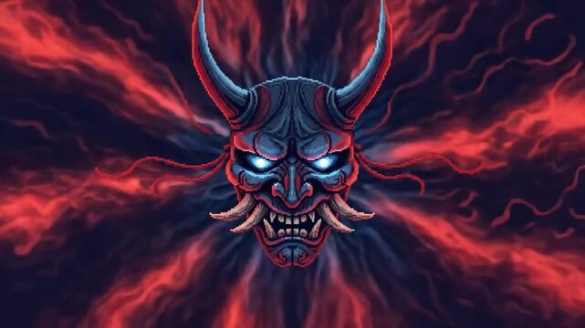 Fiery Oni Mask Japanese Pixel Art Animation Video Loop Background Blue Eyes Red Smoke.