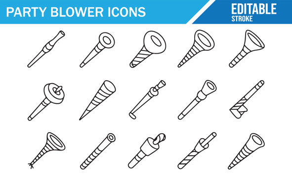 Simple stroke icon collection featuring party horns, sound makers, and cheerful birthday elements