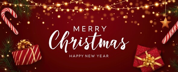 christmas and happy new year banner background with a red color. christmas elements, such as gift boxes, candy canes, stars, and garland decorations, are featured on a festive red backdrop. 