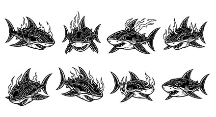 Collection of eight stylized shark illustrations, each with flames emanating from its dorsal fin, in black and white.