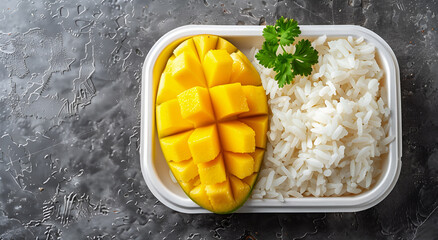 Fototapeta premium Mango z ryżem jaśminowym w pudełku – tradycyjny tajski deser na ciemnym tle