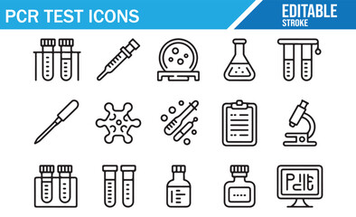Obraz premium Flat outline icons for molecular biology, PCR tests, and virus detection in clinical research graphics