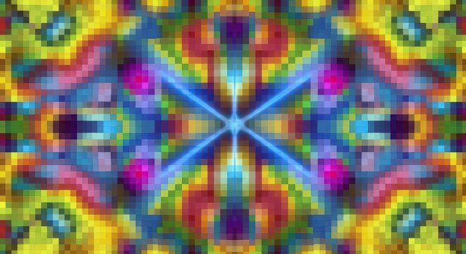 Vibrant abstract kaleidoscope pattern with bright blue light flares and colorful pixel art design