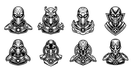 Collection of stylized alien portraits, showcasing detailed futuristic armor and headgear designs.