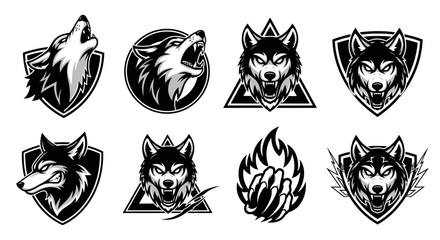 Collection of stylized wolf illustrations, each depicting a different pose and expression, in black and white.