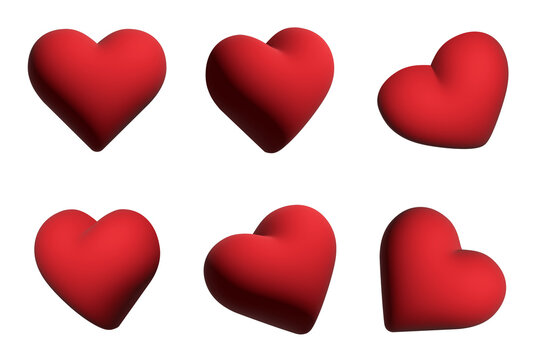 Six isolated red 3d hearts various angles