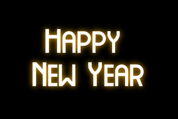 Happy New Year card. Text with a yellow glow isolated on a black background.