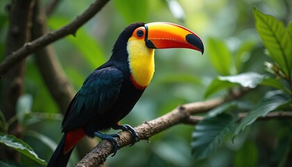 Obraz premium Colorful toucan bird sits on tree branch in rich jungle. Exotic animal with large vibrant beak perches in green rainforest. Wild creature observes natural habitat with black plumage, yellow chest,