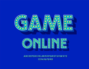 Vector Creative emblem Game Online. Trendy style Font with Lightbulbs. Retro style Alphabet Letters and Numbers set with Lamps