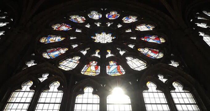 Gothic Rose Window Illuminated by Morning Sun. Architectural and spiritual majesty