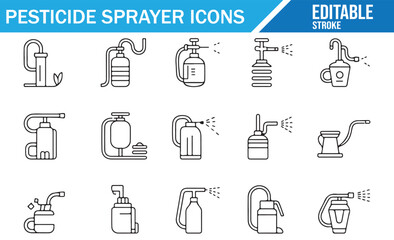 Line Art Pesticide Pump Sprayer Icons – Farm and Garden Pressure Bottles