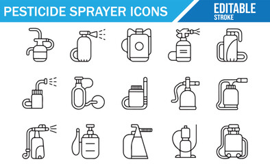 Pesticide Sprayer Vector Icons Set – Outline Line Style Agriculture Spray Bottles, Garden Pressure Pumps, and Chemical Equipment Illustrations for Farming, Pest Control, and Gardening Tools