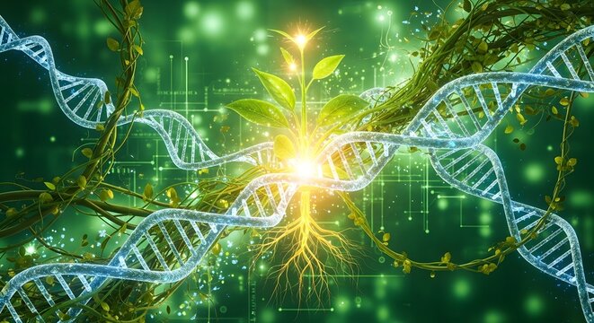 Intertwined DNA helixes and organic vines surrounding a central glowing sprout. Genetic engineering, bio-synthesis, and natural technology. DNA structure merging with a vibrant, growing plant