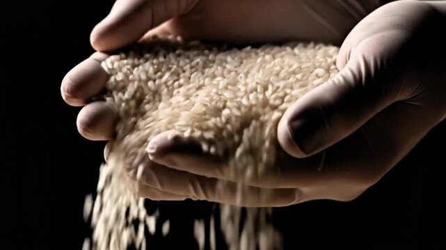 Video, the chef's hand holding white rice, a staple food,