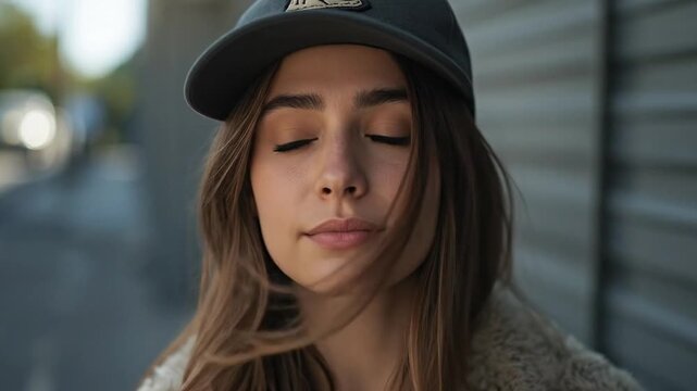 Peaceful Urban Moment: Young Woman in Baseball Cap with Closed Eyes, Embracing Serenity Outdoors in Soft Light
