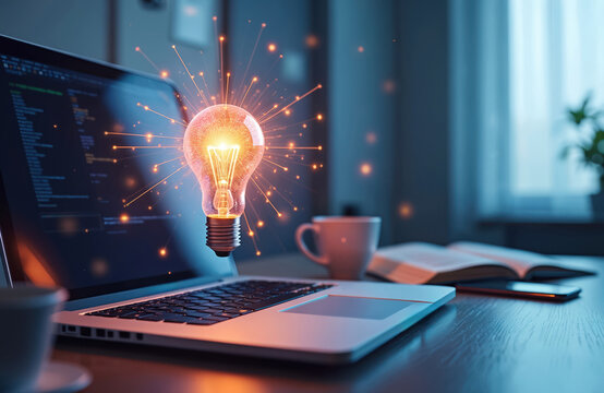 Modern laptop sits on dark office desk. Bright light bulb hologram appears with glowing sparks. Computer screen displays data code. Coffee cup, open book, smartphone nearby. New idea, innovation,