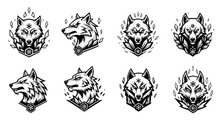 A set of eight wolf head designs in black and white, each with unique details and surrounding elements.