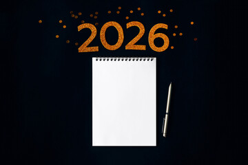 2026 New Year concept with empty notebook for your goals, plans, resolutions. Flat lay style. Christmas planning concept with space for text